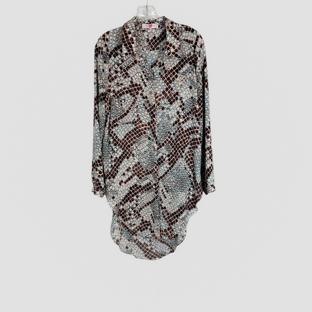 BUDDY LOVE MALIKA Snake Print Button Up Tunic Long Sleeve Shirt Womens Sz Medium
